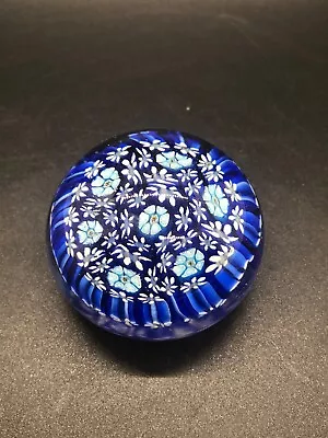 Italian Murano Dark Blue White Flowers Millefiori Art Glass Paperweight 2.5 In • $65