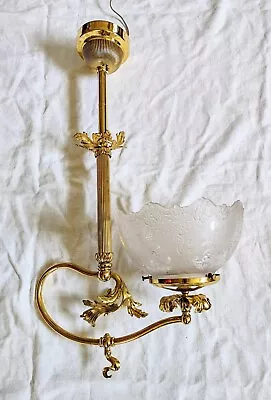 Antique Polished Brass Ceiling Gas Light Fixture Chandelier W/ Etched Shade • $229.99