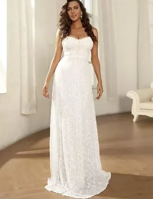 Luxury Slim A Line White And Nude Embroidery Boho Beach Wedding Dress Sz XL 14 • $120