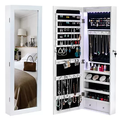 Wall & Door Mounted Mirror Jewelry Cabinet W/ Lock Armoire Organizer LED Light • $88.69