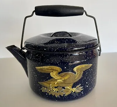 Vintage Enamelware Blue Speckled Wood Handle Teapot W/American Eagle Design • £9.62