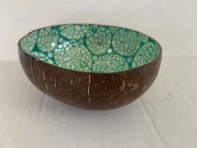 Vtg Decorative Turquoise & Enamel Bowl W/Stones Made From Coconut Table Decor • $11.83