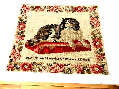 Mid 19th Century Antique Needlepoint Woolwork Sampler  Spaniel  Dated 1858 • $475