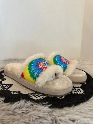 Womens Minnetonka Leena Bright Tie Dye Faux Fur Slip On Slippers Shoes Size 9M • $17.49