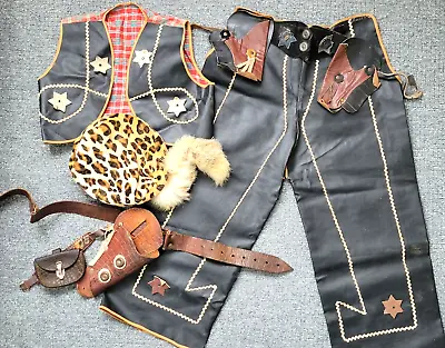 Childs Vintage Western Cowboy Play Outfit Leather 1950s HatHolsterPantspurse • $116.58