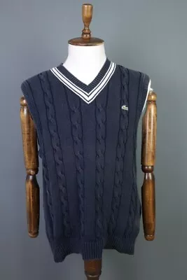 Vintage Lacoste Sport Cable Knit Blue V-Neck Vest Jumper Size 6 • £60