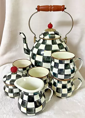 Mackenzie-childs Courtley Check Tea Pot 4 Mugs Creamer & Lidded Sugar 7 Pc Set • $489.99