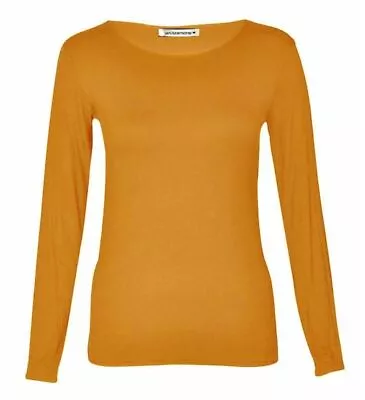 Womens Ladies Long Sleeve Stretch Plain Round Scoop Neck T Shirt Top Assorted • £6.49