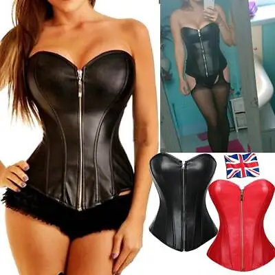 Women Sexy Steampunk Faux Leather Basque Corset Boned Lace Up Gothic Lingeries • £11.79