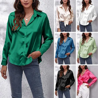 £12.59 • Buy Women's Satin Silk Button-Up Dress Shirt OL Work Ladies V Neck Lapel Blouse Tops