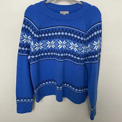 J Crew Fair Isle Nordic Sweater Women L Merino Wool Alpaca Warm Cozy Cobalt Blue • $34.99