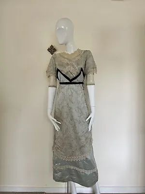 £250 • Buy Rare Vintage Dress Edwardian Full Of Original Detailing Beads Lace Blue Satin