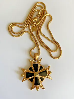 ANNE KLEIN Matte Gold Tone Black Enamel Byzantine Maltese Cross Pendant Necklace • $85