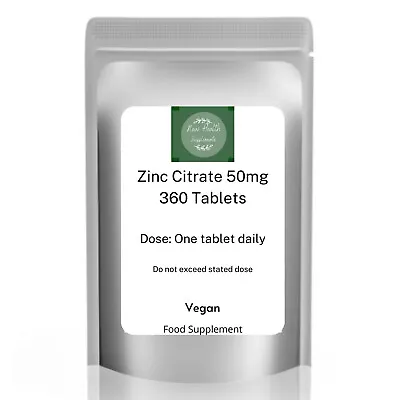 (NH1ST) Zinc Citrate 50mg X 360 Tablets High Strength Immune Support Acne Vegan • £8.95