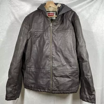 Levi’s Dark Brown Fleece Lined Hooded Leather Jacket Sz XL • $49