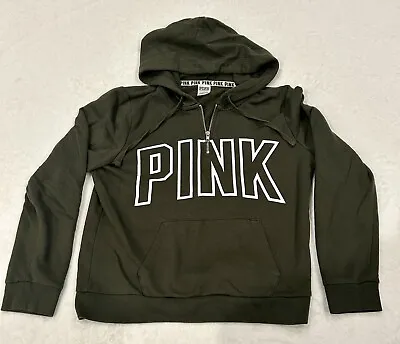 $16 • Buy Victoria Secret Pink- 3/4 Zip Hooded Sweatshirt-Dark Green/Grey- Size Large