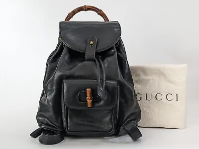 GUCCI Bamboo Small Backpack Bag Leather Black Vintage Authentic From Japan • $349.99