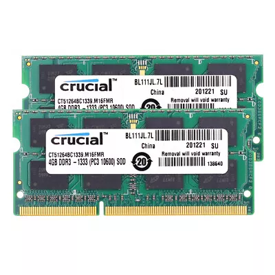 Crucial 8GB 2x 4GB PC3-10600 SODIMM DDR3 1333MHz 2Rx8 1.5V Notebook Memory RAM • $21.31