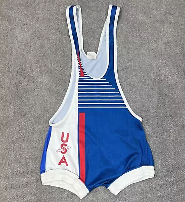 VINTAGE Brute Wrestling Singlet Mens Small USA John Smith Freestyle Low Cut Blue • $199.99