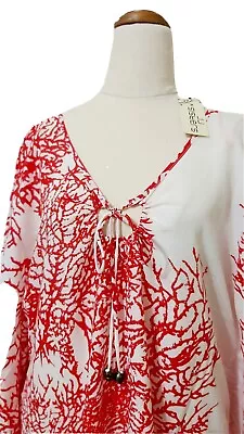 Kimono Cover-Up Beach Dress Womens Boho Coral Print Kaftan Hippie White Tunic • $16.50