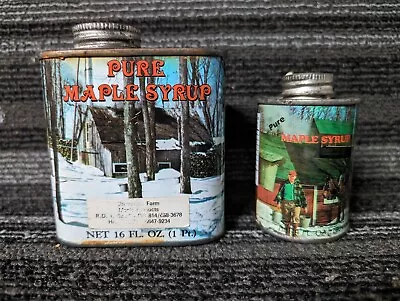 Two VINTAGE STATE OF VERMONT Pure Maple Syrup Tin Cans  Blue Snow Winter Scene • $9.95