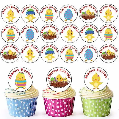 24 Circle Edible Easter Cupcake Toppers Cake Decorations Chicks Eggs Nest Mix • £3.75