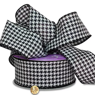  2 1/2 Inch Black & White Houndstooth Grosgrain Check Wired Ribbon - 5 Yards   • $8