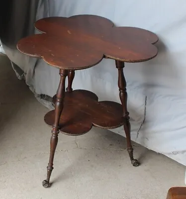 Antique Quarter Sawn Oak Clover Leaf Shaped Small Parlor Table – Brass Beading • $425