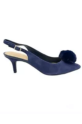 Isaac Mizrahi Live Sling Back Pumps W/ Faux Fur Pom Pom Navy Suede • $34.99