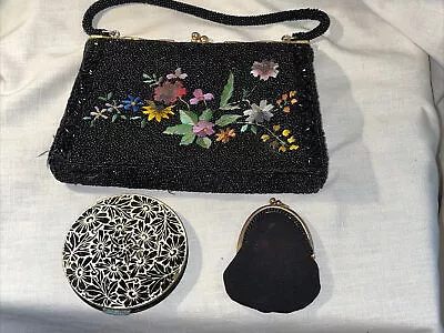 Vintage Beaded Embroidered &Rhinestone Handbag With Coin Purse And Compact • $29.99