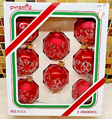 $6.99 • Buy 8 Vintage PYRAMID  Rauch Red Silver Glass Christmas Ornaments USA Original Box