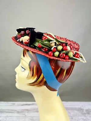 Vintage 1940s Red Woven Raffia Hat With Faux Fruit Velvet Bows And Netting AS IS • $65