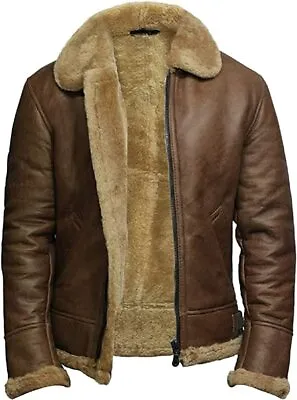 Brown Fur Shearling RAF B3 Bomber Aviator Pilot Flying Leather Jacket Mens Coat • $203.98