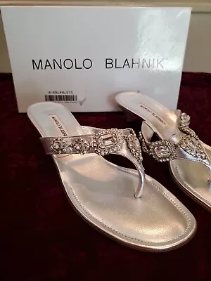 $1145 Manolo Blahnik Nappa Jeweled Kitten Heels Crystal Embellishment Sandals-41 • $300