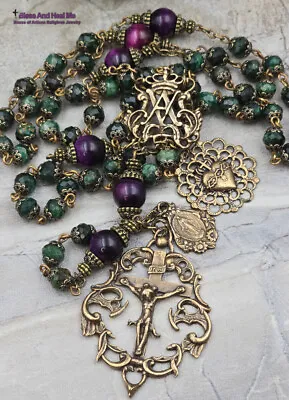 Ave Maria Sacred Heart Emerald Vintage Bronze Ornate Rosary • $174