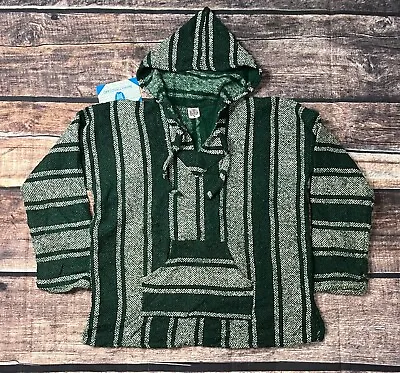 Vintage Art-Maz Baja Drug Rug Mexican Poncho Green Hooded Sweatshirt Size Medium • $16.72
