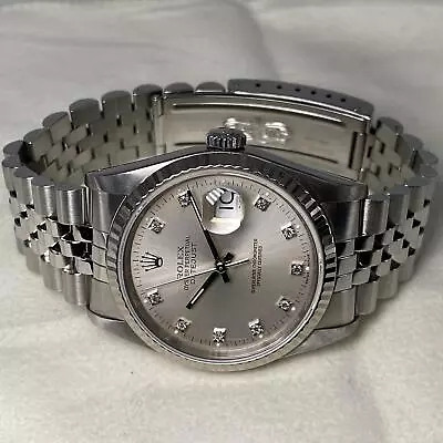 Rolex Datejust 36mm 18K White Gold Steel Diamond Silver Dial Mens Watch 16234G • $6250