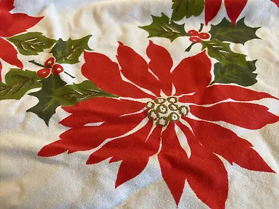 $22 • Buy Vtg White Cotton Screen Print Christmas Tablecloth, Red Green Poinsettia & Holly