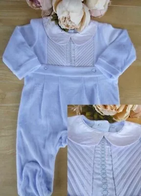 Baby  All In One Romper Sleepsuit Boy Velour Pleated Embroidery Buttons 0 3 6 9m • £13.90