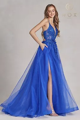 Size 12 Nox Anabel Prom Ball Gown Teen Pageant Royal Blue Front Slit Shilny • $324