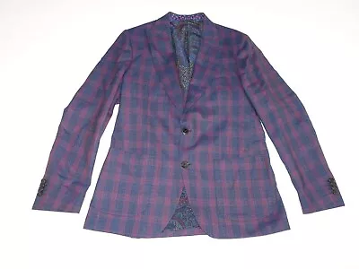 Etro Men's Sport Coat Size 52 / 42 Navy Blue Purple Plaid 100% Wool Jacket Italy • $139.49