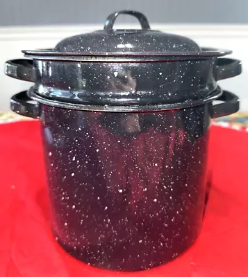 Black Speckled Enamel Ware Steamer Stock Pot 6qt. 3 Piece • $19.99