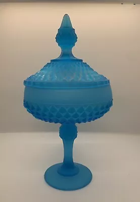 Vintage Indiana Glass Blue Satin Diamond Point Pedestal Compote Candy Dish &Lid • $33.50