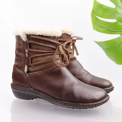 UGG Women's Caspia Boot Size 6 Brown Leather Shearling Sherpa Wrap Boho Bootie • $69.87