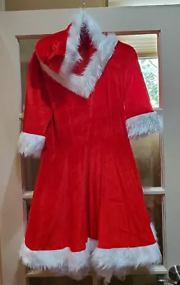 Christmas Costume Halloween L Mrs Santa Hooded Velour Mini Dress W/faux Fur Trim • $17.79