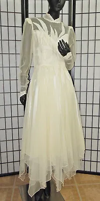 VTG 70s/80s IVORY LAYERED HANDKERCHIEF HEM PIXIE ELVEN FAIRY WEDDING DRESS M/L • $140