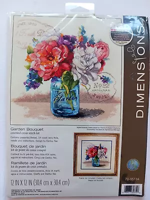 Dimensions Garden Bouquet Counted Cross Stitch Kit 12x12  Lush Flowers Mason Jar • $24.50