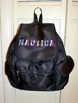 NWT $109 NAUTICA Varsity Drawstring Backpack Black LOGO Multi • $67.97
