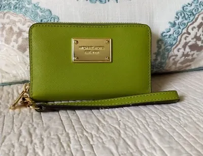 Michael Kors IPhone Saffiano Leather Zip Wallet Wristlet In Lime Chartreuse • $75