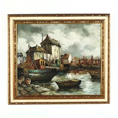 Painting Oil On Canvas  Belgian Harbor  A Mid-Century Framed Painting • $1020.57